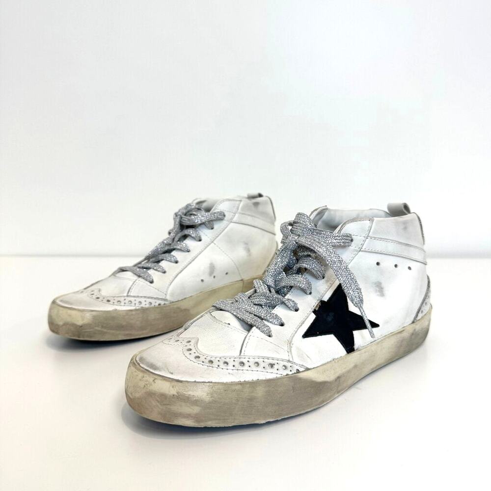 Golden Goose Mid Star White Leather Silver Glitter Lace Sneakers 38 Wingtip Shoe - Picture 3 of 6